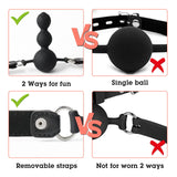 BDSM Ball Gag Sex Play, Bondage Gags & Muzzle with Beads, Silicone Mouth Gag with Removable Leather Straps, Sex Gag Face Dildo K
