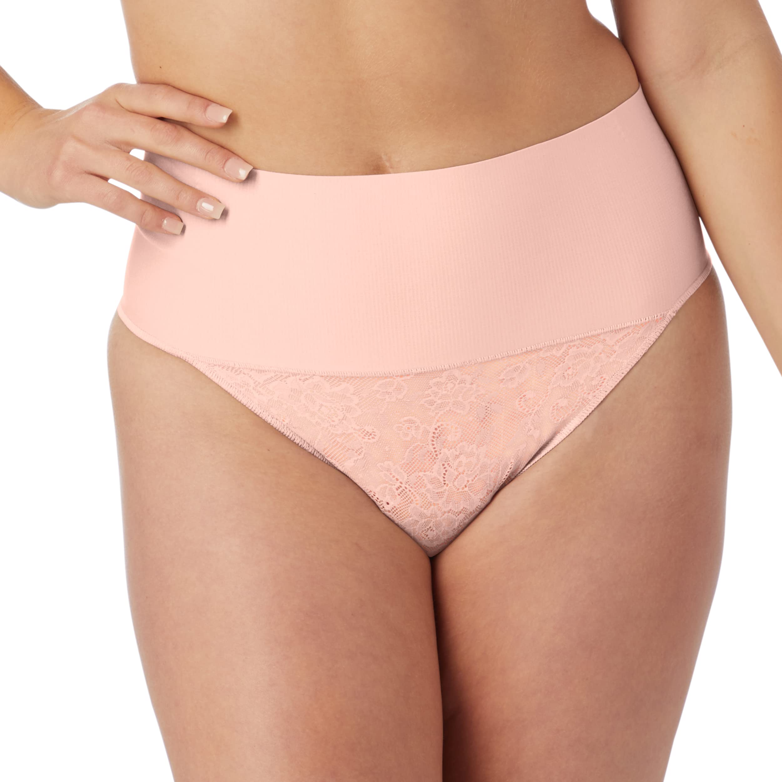 Maidenform womens Tame Your Tummy Shaping Lace Thong With Cool Comfort Dm0049 Waist Shapewear, Pink Pirouette Lace, Small US