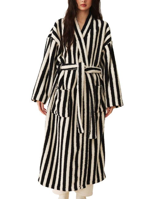 Arssm Womens Striped Fluffy Robe Long Plush Bathrobes Fuzzy Warm Cozy Thick Loungewear Maxi Robe(Black-M)