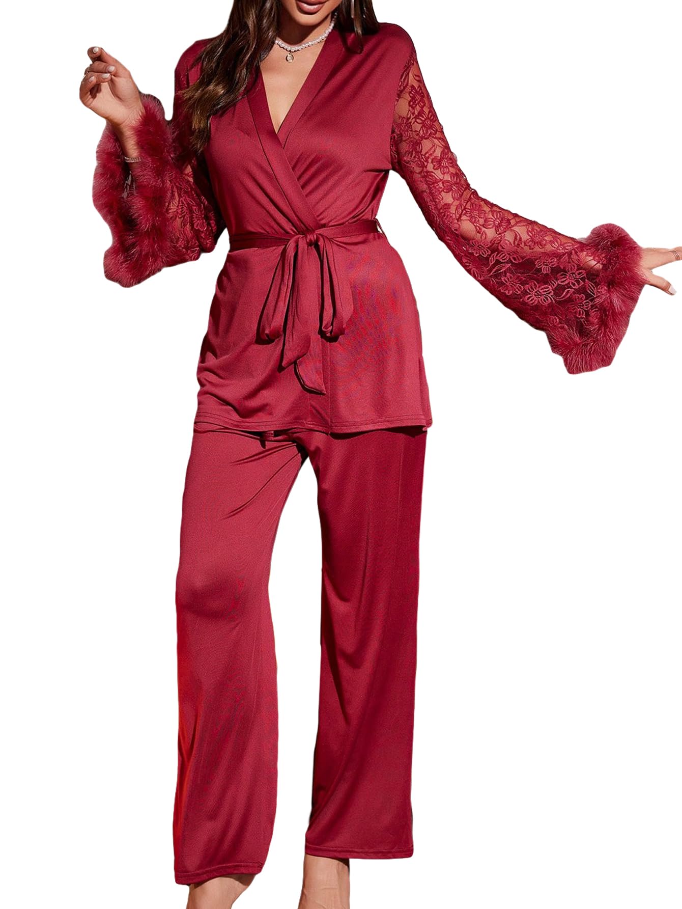 Verdusa Womens 2 Piece Feather Satin Pajama Set Floral Mesh Long Sleeve Belted Top and Pants Burgundy X-Small