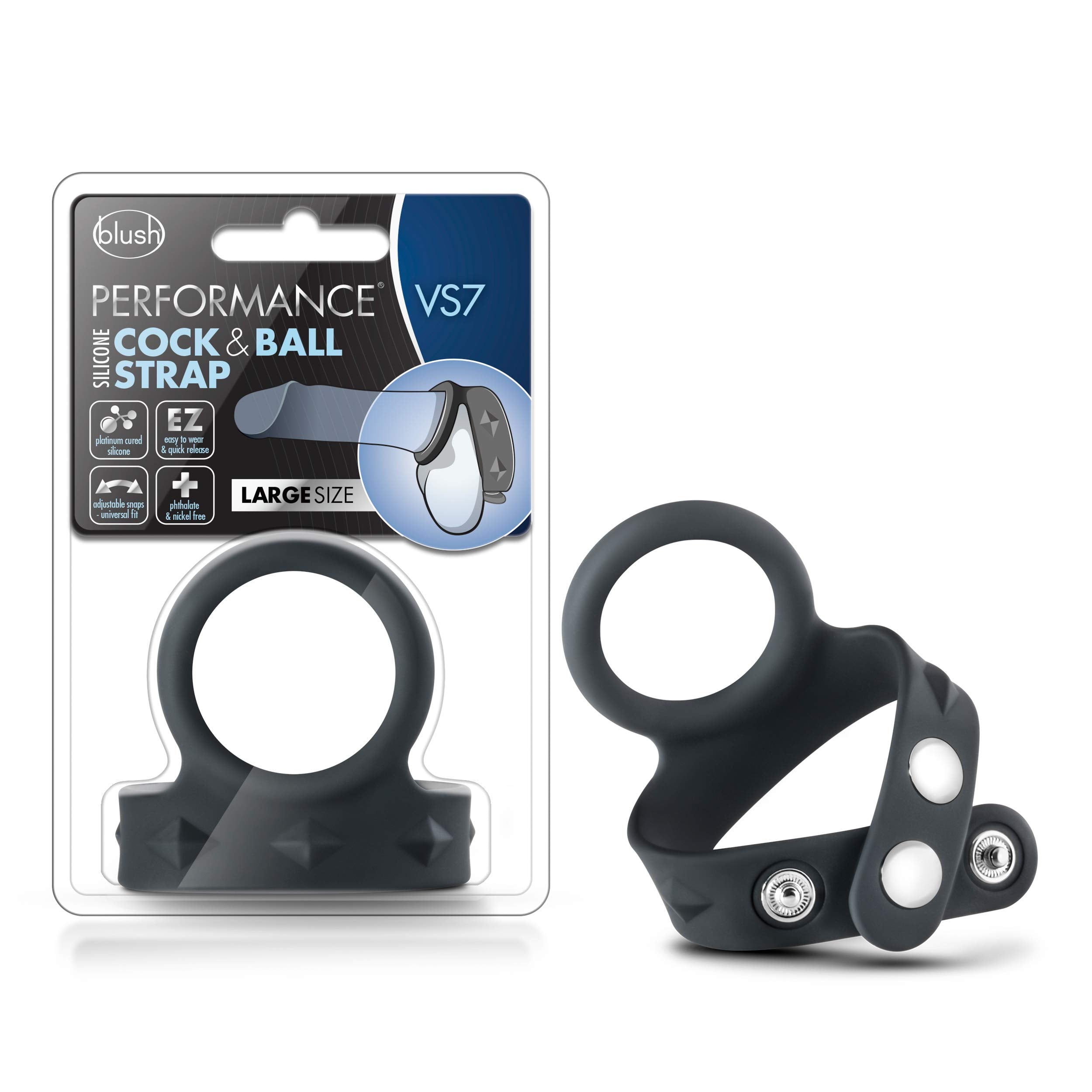 Blush Novelties Performance VS7 Silicone C Ring & Ball Strap - Puria Platinum Cured Silicone - Stainless Steel 3 Position Nickel