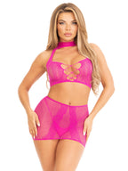 2 Pc Dotted Net And Lace Halter Crop Top With Faux Lace Up Front And Mini Skirt.