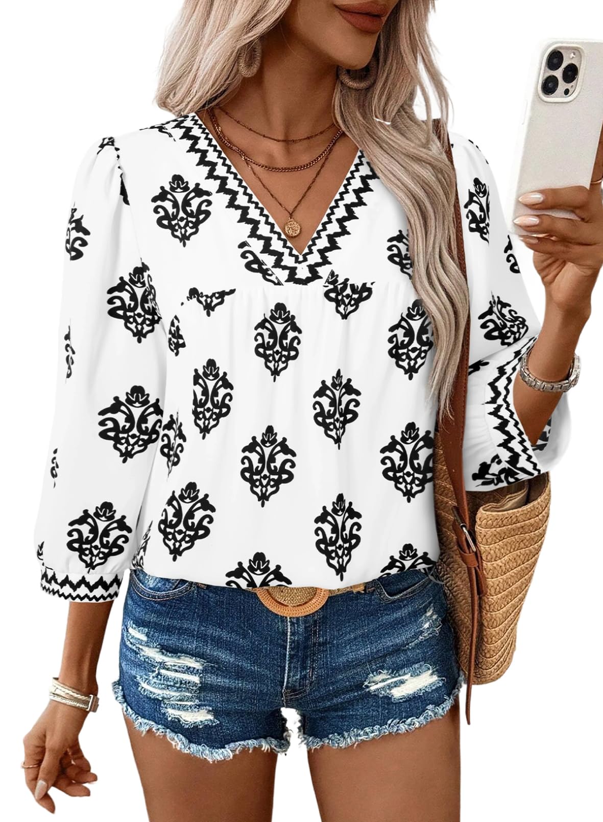 SHEWIN Blouses for Women Dressy Casual 2026 Fashion Trendy 3/4 Sleeve Flower Top Lightweight Cute Tops for Women White X-Large