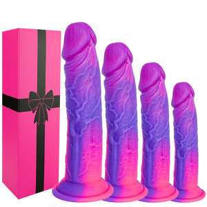 4-Piece Realistic Silicone Colorful Funny Dildo Set (7 '' 8 '' 9 '' 10 ''), Fantasy Pink Purple Dildo Anal Plug Trainer Set for