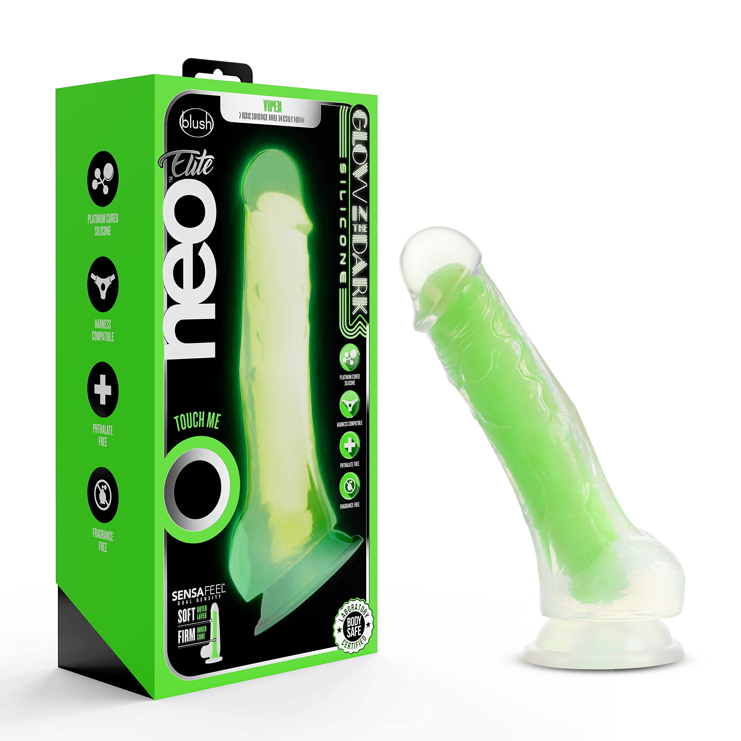 Blush Novelties Neo Elite Glow in The Dark Silicone Dildo with Balls - 7.5Length & 1.5Width - Sensa Feel Dual Density - Sturdy S