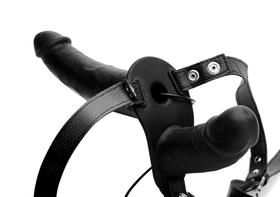 Strap U Power Pegger Silicone Vibrating Double Pleasure Dildo With Harness Black