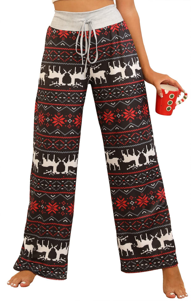 X-Image Womens Christmas Printed Pajama Pants Comfy Stretch Floral Print Drawstring Palazzo Lounge Pant XMAS Reindeer, Medium