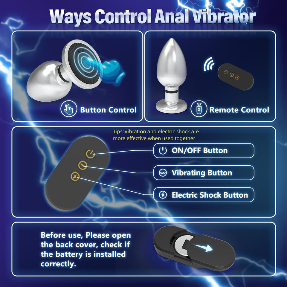 Electric Shock Vibrating Butt Plug, Estim Metal Anal Plug Men Male Prostate Massager Anal Sex Toys with 10 Vibrating & 6 Electri