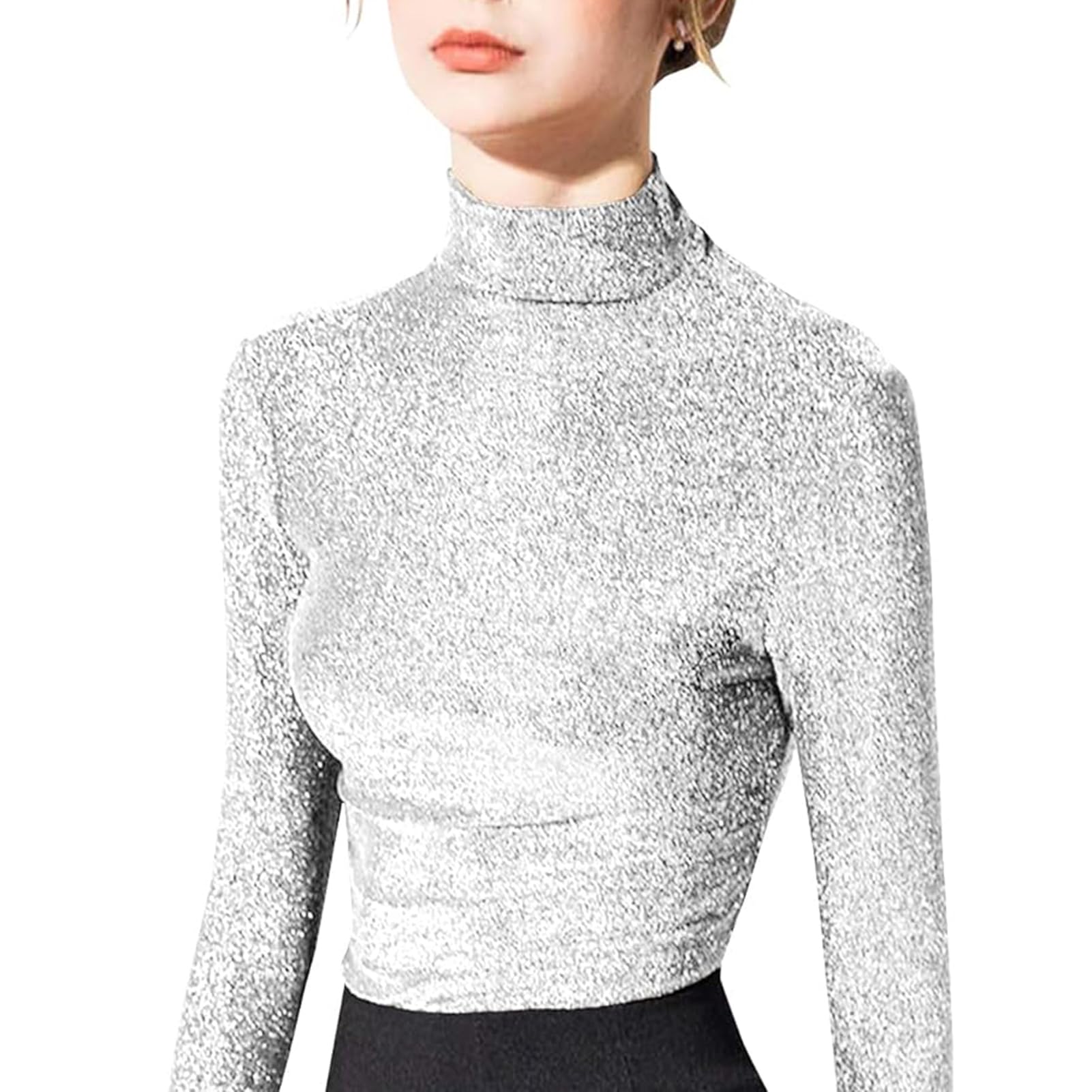 Womens Slim Fit Long Sleeve Sequin Turtleneck Sparkle Tee Glitter Blouse Tops(Silver-L)