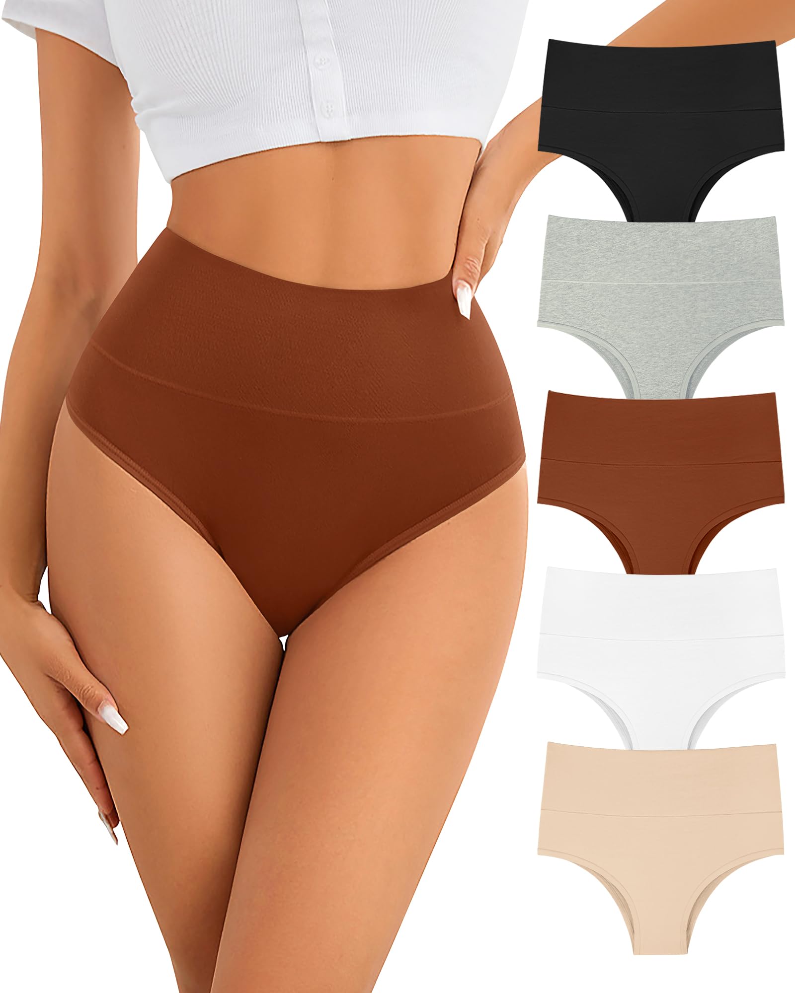 ASIMOON Tummy Control Underwear Womens High Waisted Cotton Bikini Panties Soft Stretchy No Muffin Cheeky Panty Multi Pack