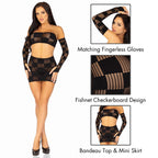 3 Pc Checkerboard Net And Opaque Bandeau, Mini Skirt, And Arm Warmers.
