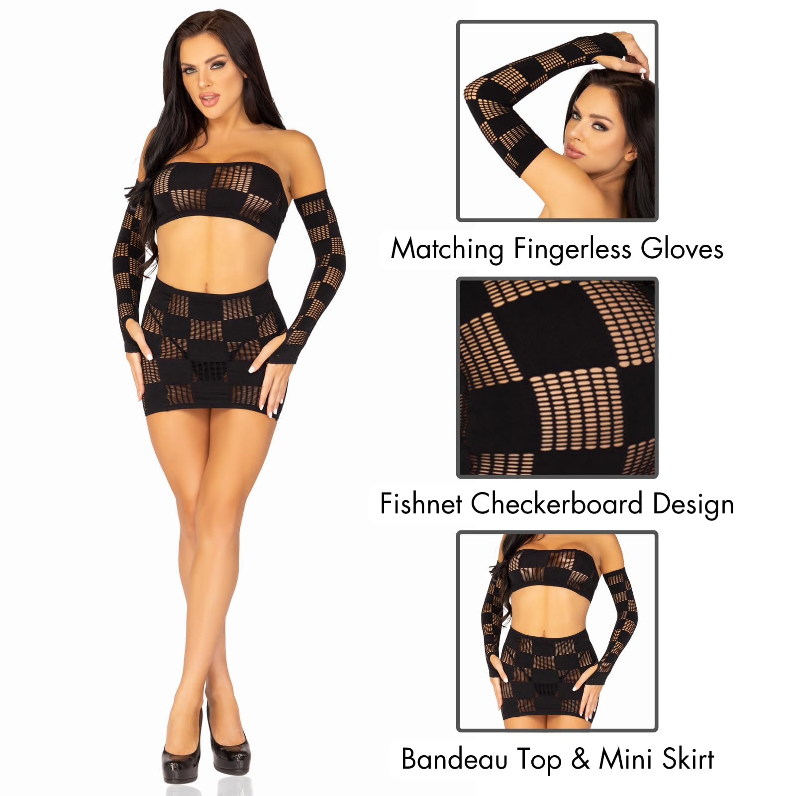 3 Pc Checkerboard Net And Opaque Bandeau, Mini Skirt, And Arm Warmers.