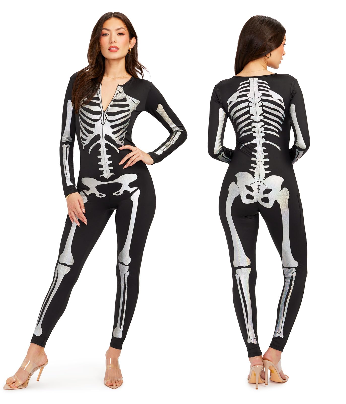 Tipsy Elves Form Fitting & Flattering Skeleton Bodysuit for Halloween - Womens Sexy Skeleton Costume - Silver Shimmer Size Larg