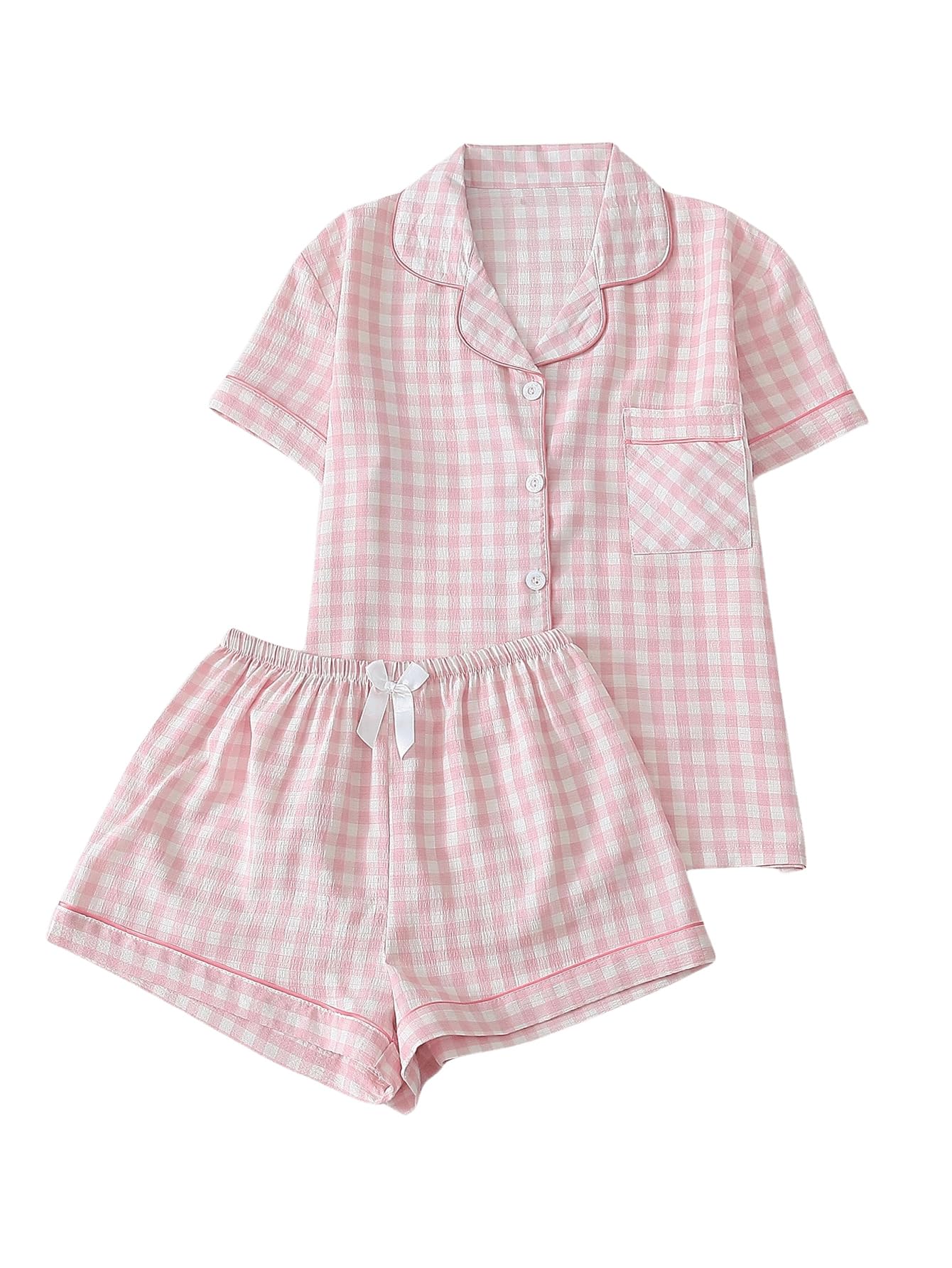 Verdusa Womens Plaid 2 Piece Cute Pajama Sets Short Sleeve Button Down Shirts with Shorts Loungewear Pink Large