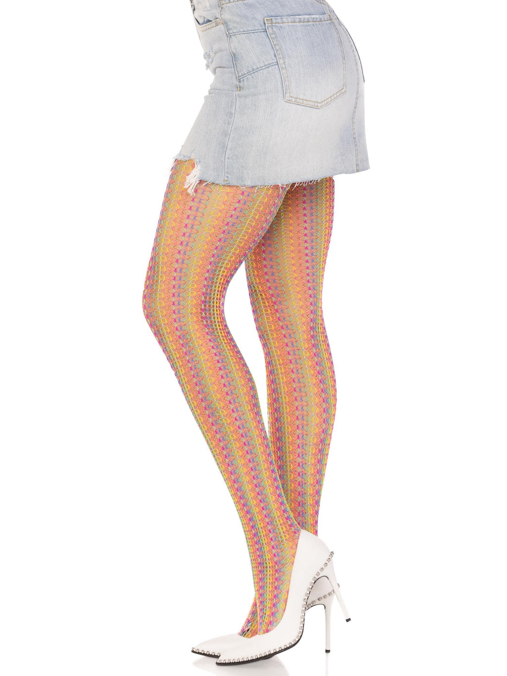 Rainbow crochet net tights.