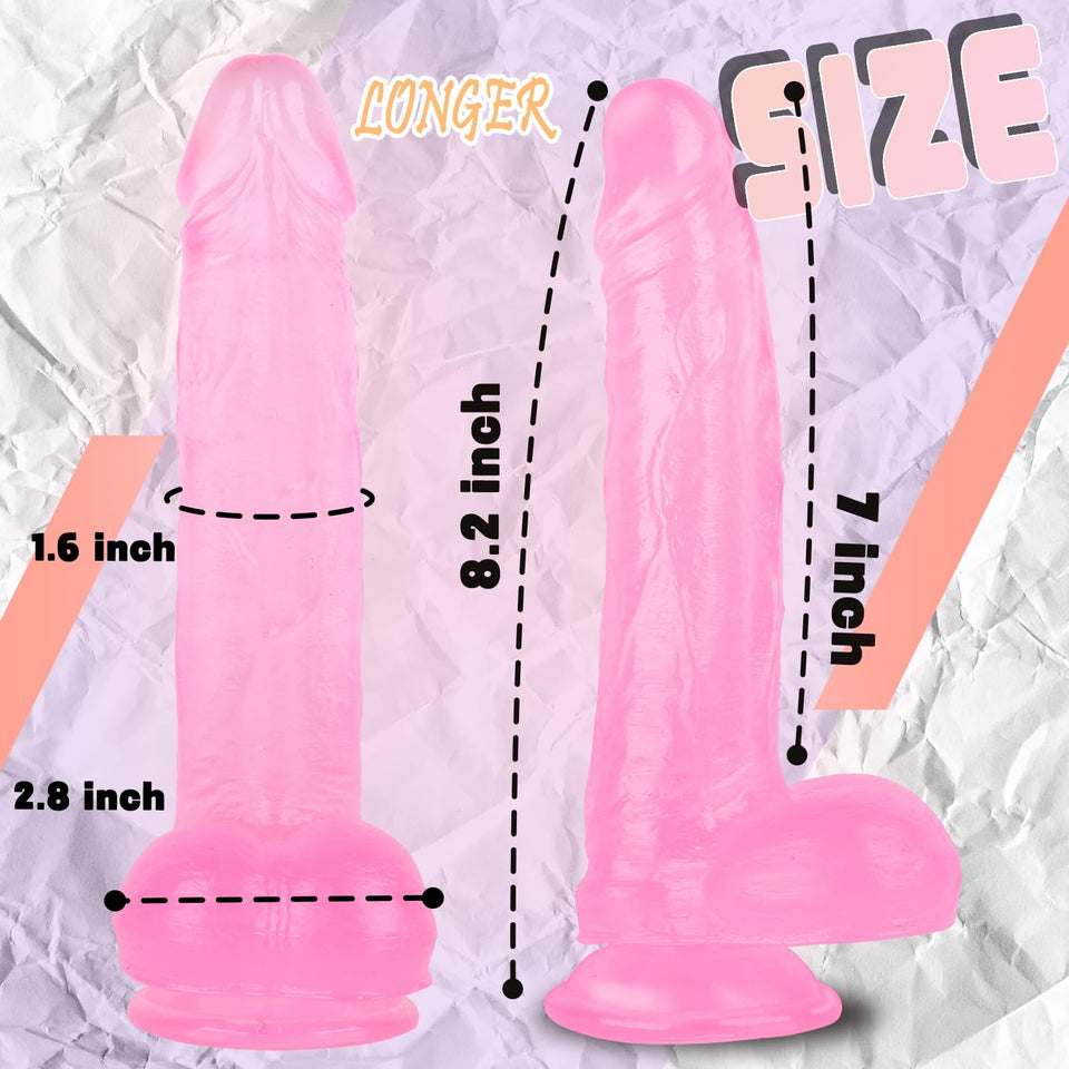 8.2 Inch Realistic G-spot Dildo, Pink Transparent Safety Material, Strap On Compatible Dildos, Lifelike Fake Penis with Strong S