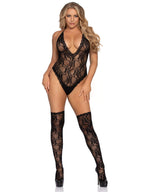 2Pc.Floral Lace Deep-V Teddy A - O/S / Black