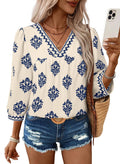 SHEWIN Women Blouses 2026 Trendy Floral Print Casual V Neck Blouse Loose Fit Business Casual Boho Tops for Women Light Blue Larg