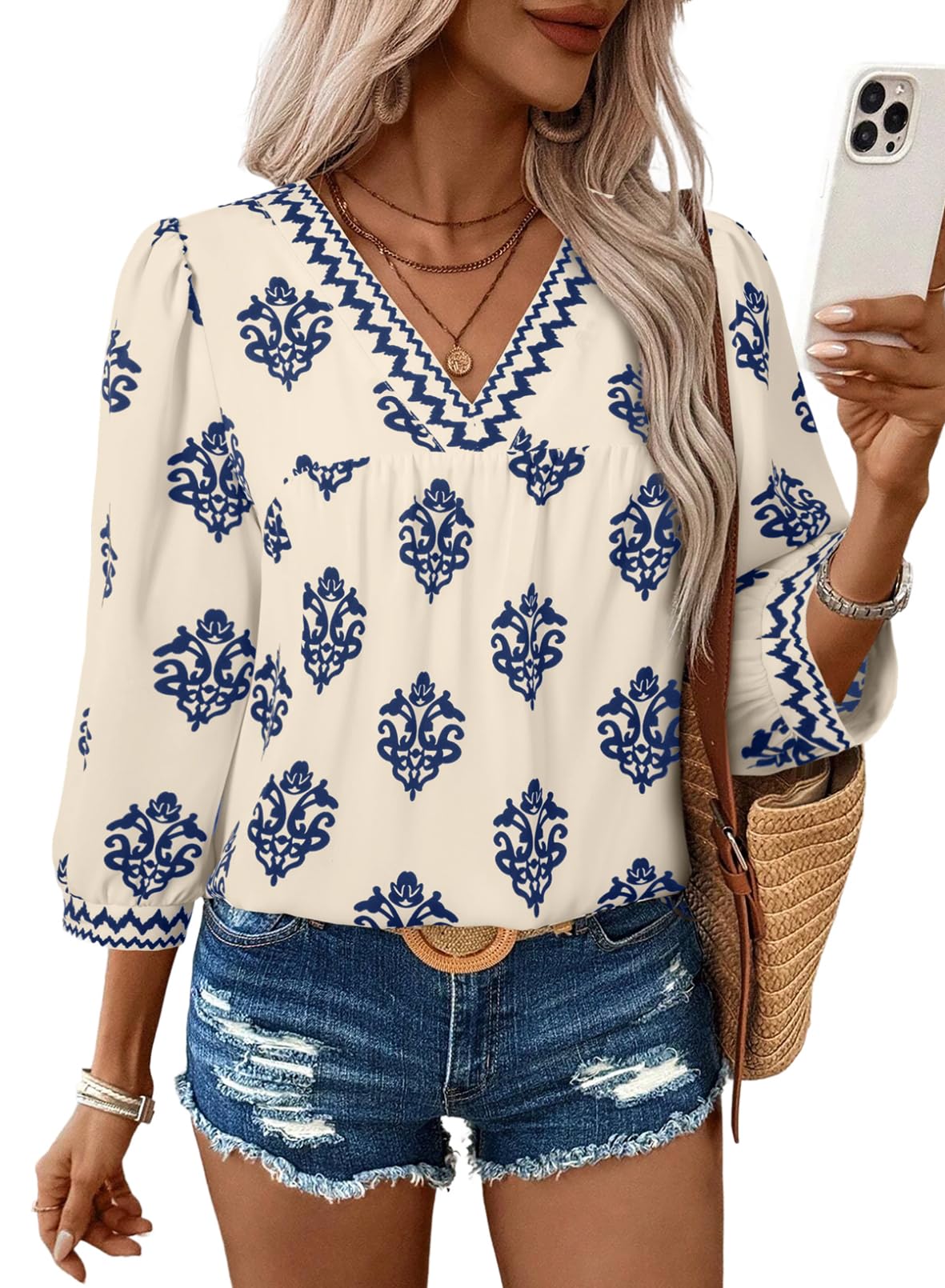 SHEWIN Women Blouses 2026 Trendy Floral Print Casual V Neck Blouse Loose Fit Business Casual Boho Tops for Women Light Blue Larg