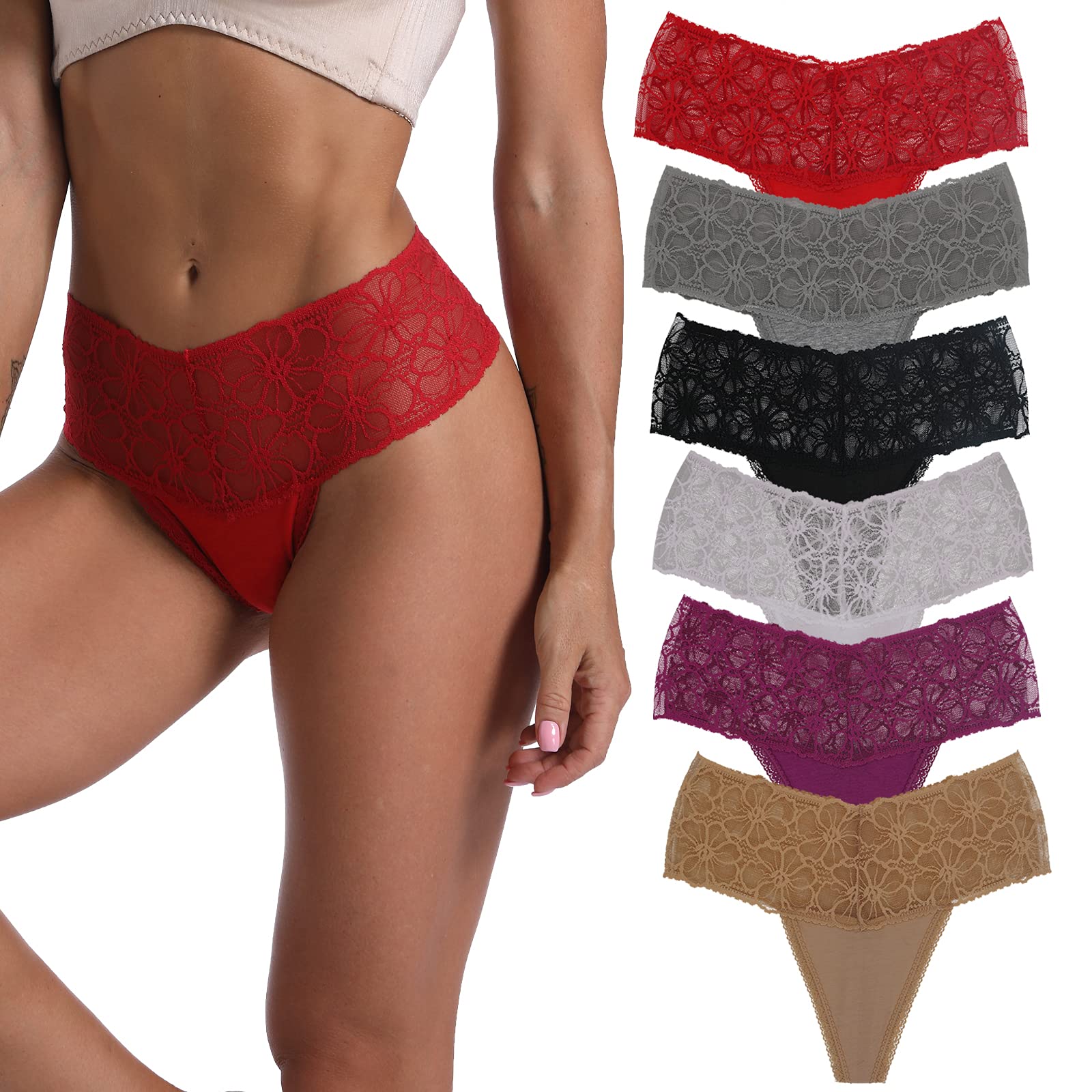 High Waist Retro Thongs for Women Plus Size Wide Band Seamless Thick Lace Underwear Pack of 6
