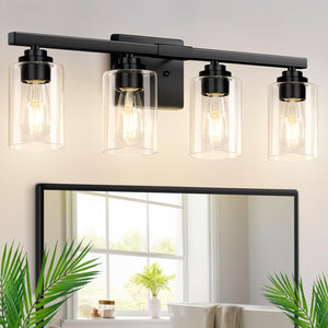 4-Light Bathroom Light Fixtures, 27'' Modern Vanity Lights Over Mirror With Clear Glass Shades, Matte Black Light Fixture, Class