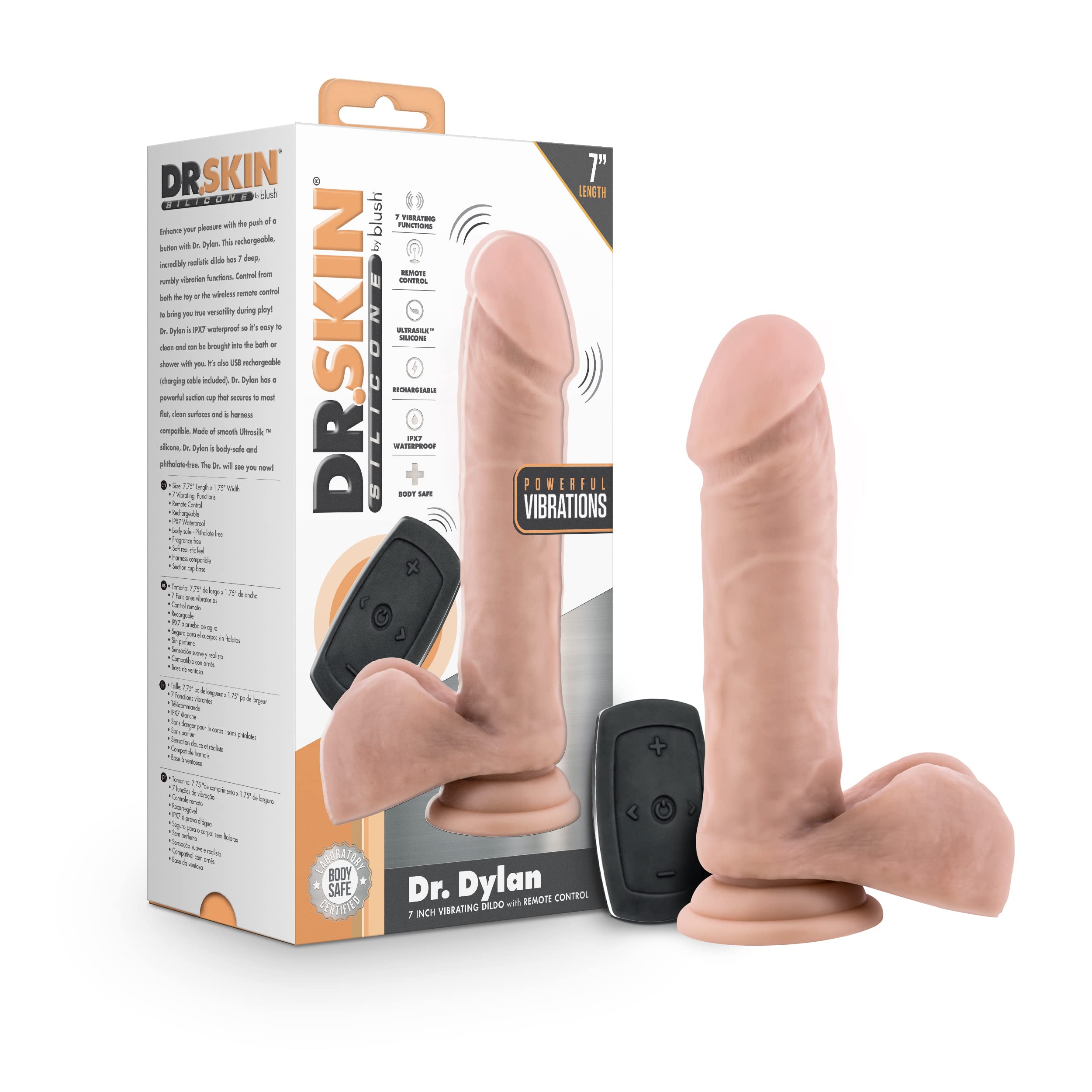 Blush Novelties Dr. Skin Silicone Dylan Realistic Vibrating Dildo - 7.75 Inch Length And 1.75 Inch Width - 7 Powerful Functions 