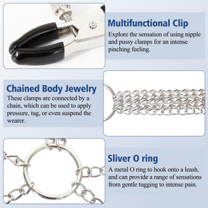 BDSM Sexy Nipple Clamps Pussy Clamps with Chain Non-Piercing Set Body Jewelry, Adjustable Breast Clips Labia Clit Clamp, Sex Bon