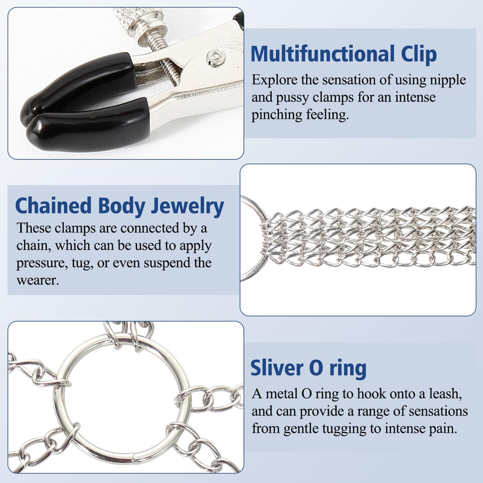 BDSM Sexy Nipple Clamps Pussy Clamps with Chain Non-Piercing Set Body Jewelry, Adjustable Breast Clips Labia Clit Clamp, Sex Bon