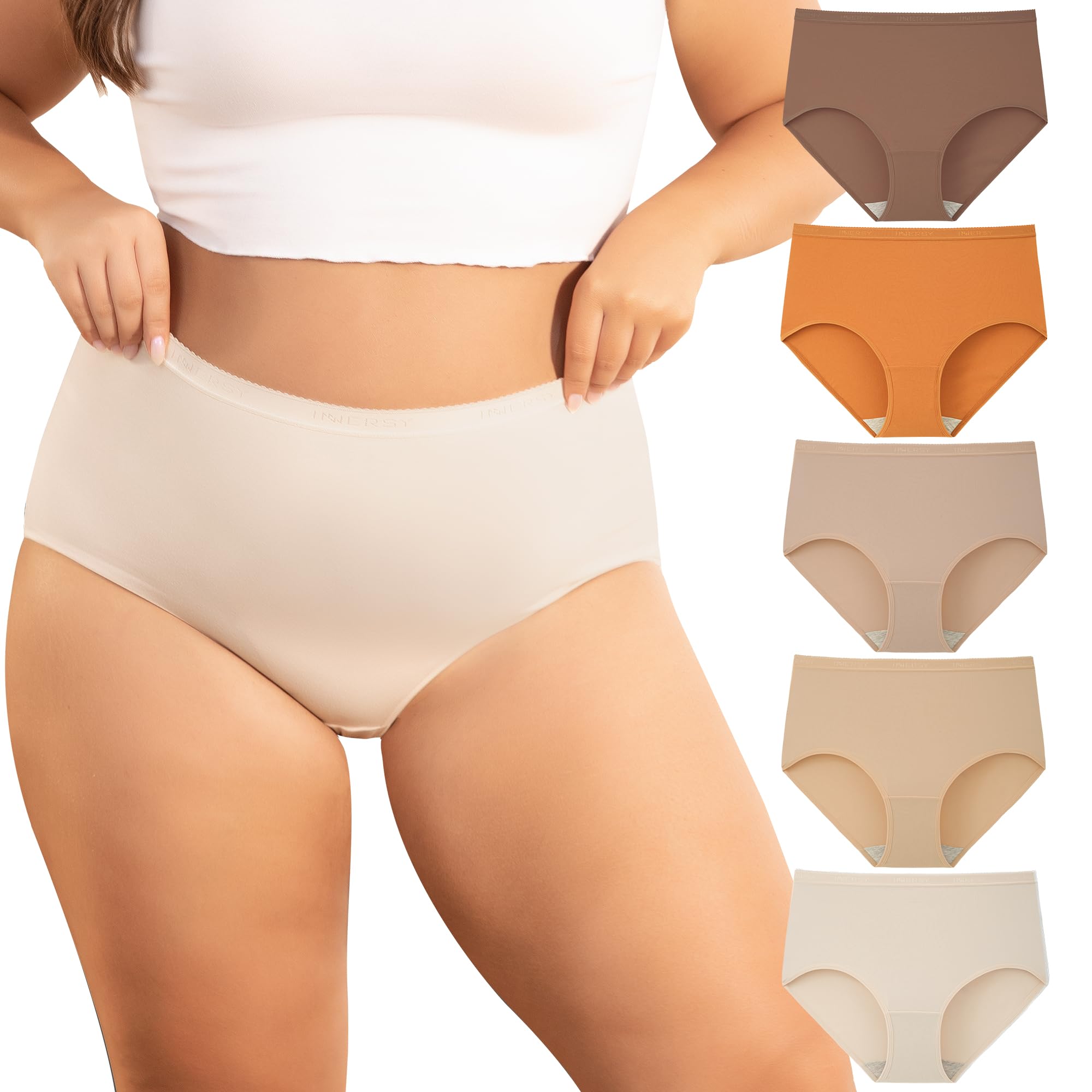 INNERSY Plus Size XL-5XL Big Curvy Woman Cotton Underwear High Waist Briefs 5-Pack(Cocoa Nude,4X-Large)