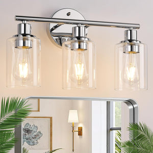 3-Light Bathroom Light Fixtures, Chrome Bathroom Wall Light With Clear Glass Shade, Bathroom Wall Lamp For Mirror Kitchen Living