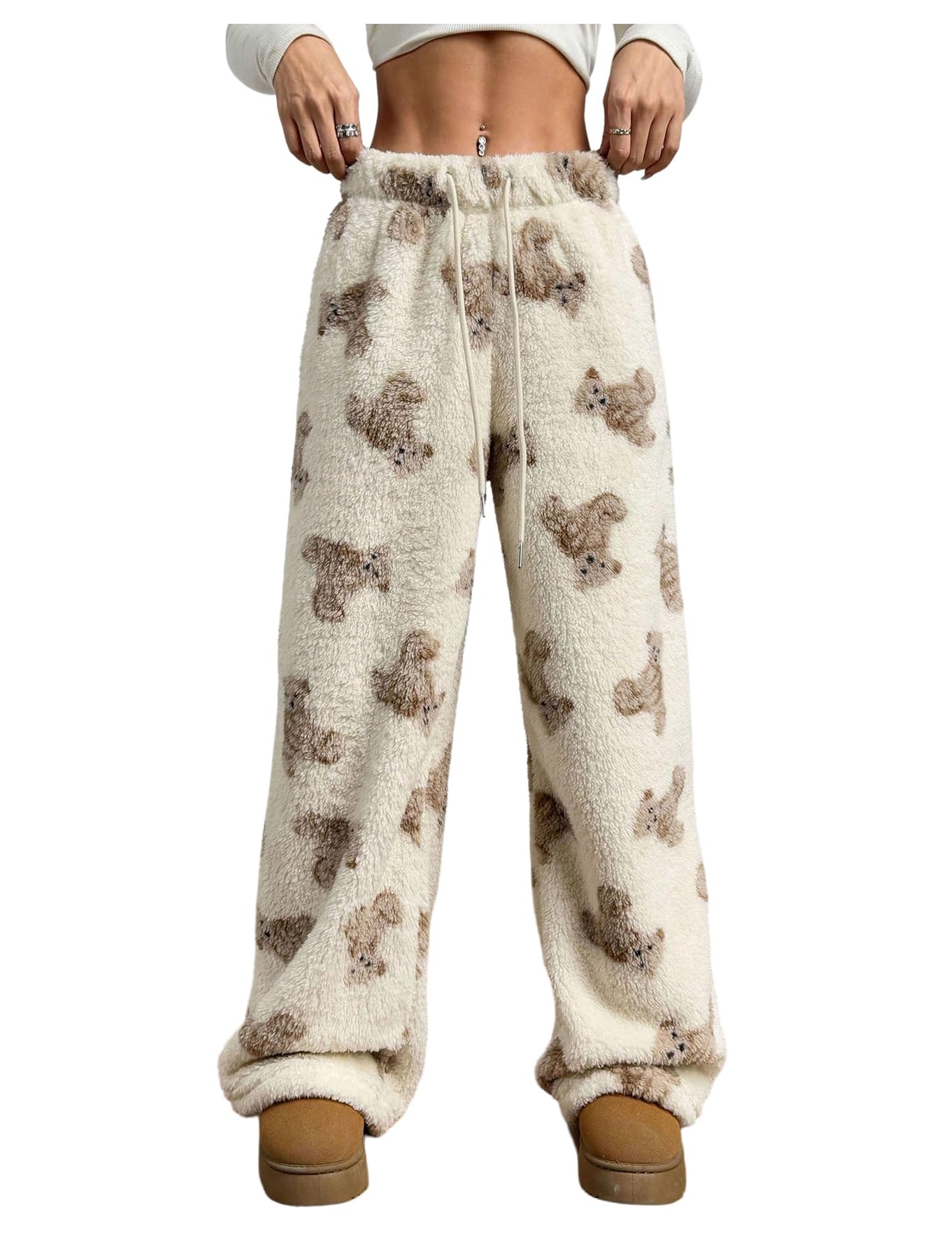 Verdusa Womens Fuzzy Plush Warm Pajama Pants Fleece Lounge Sleepwear Teddy Pj Bottoms Cozy Loungewear Beige Medium
