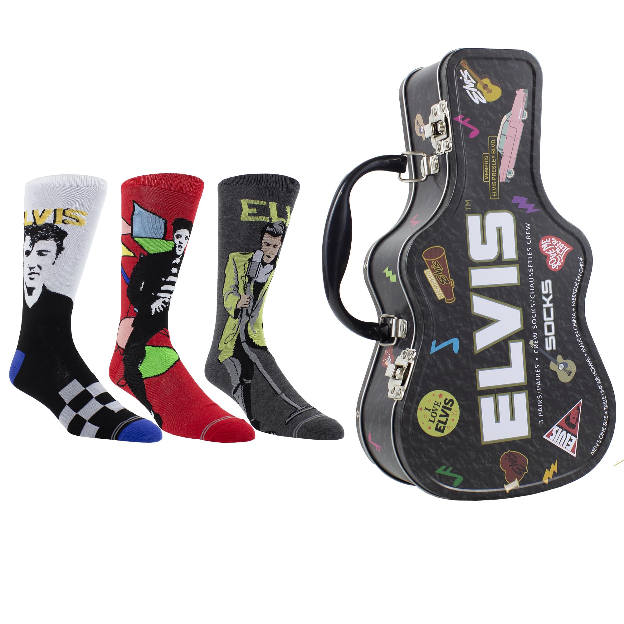 PERRIS SOCKS Elvis Presley Guitar Tin Sock Box - Licensed Elvis Presley Merchandise for Women and Men, 3 Pairs of Printed Crew 