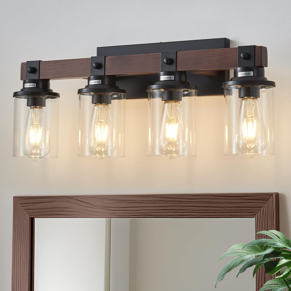 Aixialin 4 Lights Wood Farmhouse Vanity Lights Fxtures Rustic Bathroom Lights Over Mirror With Clear Glass Shade Black Industria