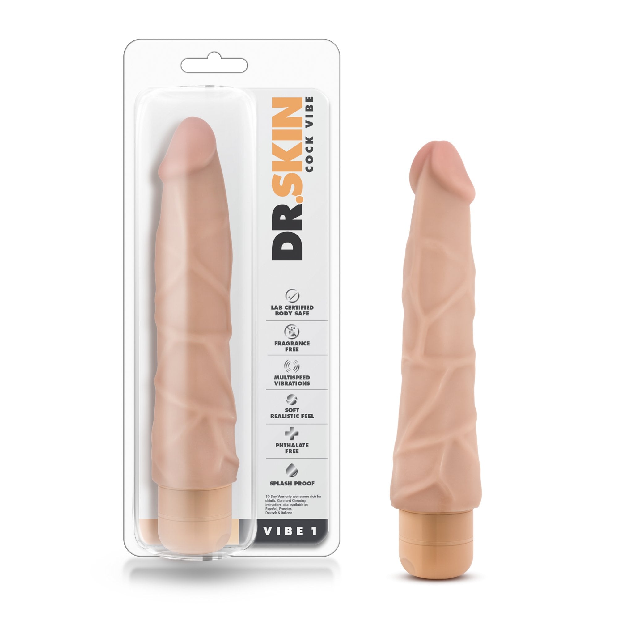 Blush Novelties Dr Skin Vibe 1 - Feels Real Realistic 9 Inch Long Vibrating Dildo - IPX7 Waterproof - Soft Body Safe Material Mu