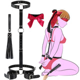 Sex Bondage BDSM Kit Restraints - 7PCS Set Neck to Wrist Behind Back Handcuffs Collar Waist Strap Blindfold Whip, Soft Leather B