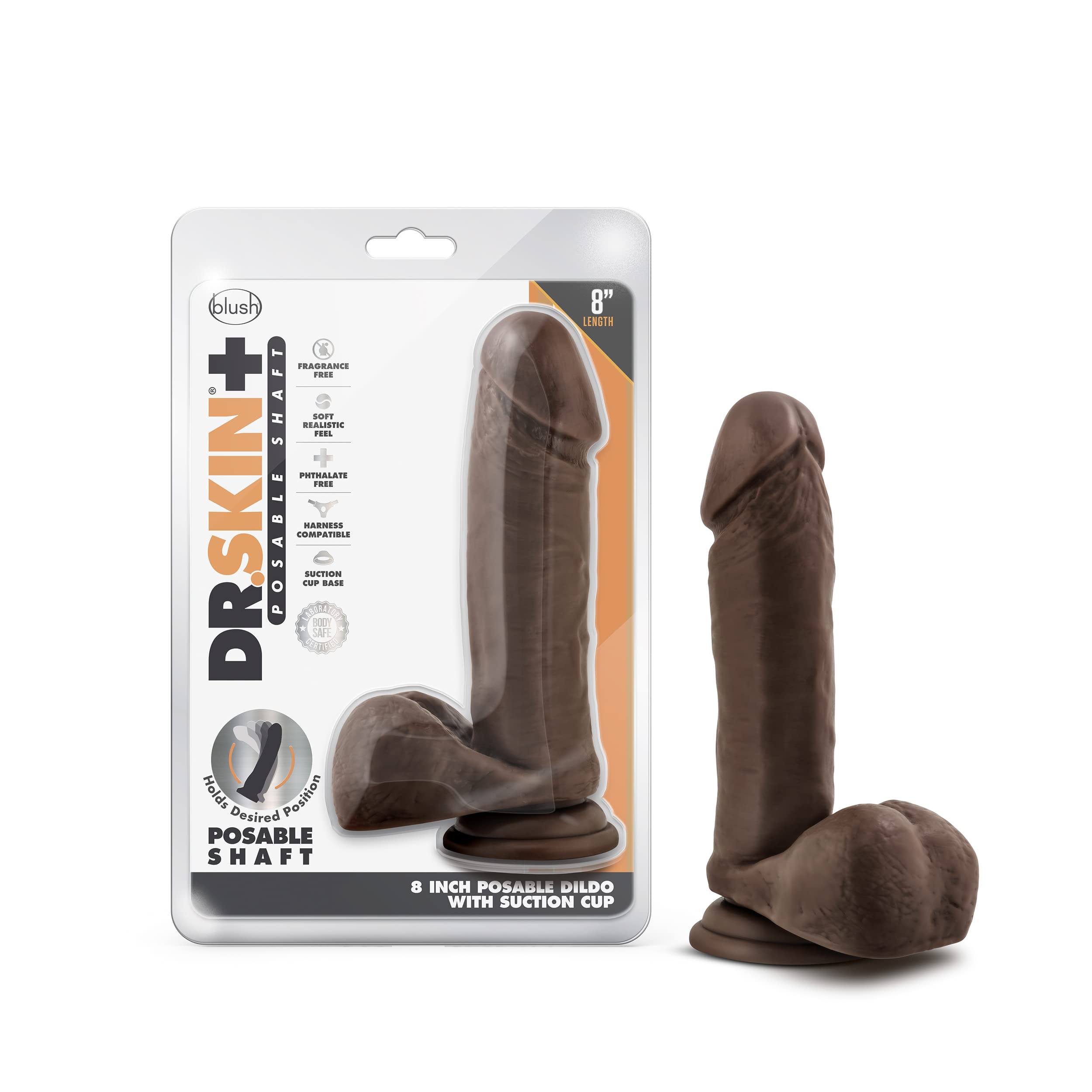 Blush Novelties Dr. Skin Plus - 8 Inch Realistic Posable Dildo with Balls - Suction Cup Base for Hands Free Play and Harness Com