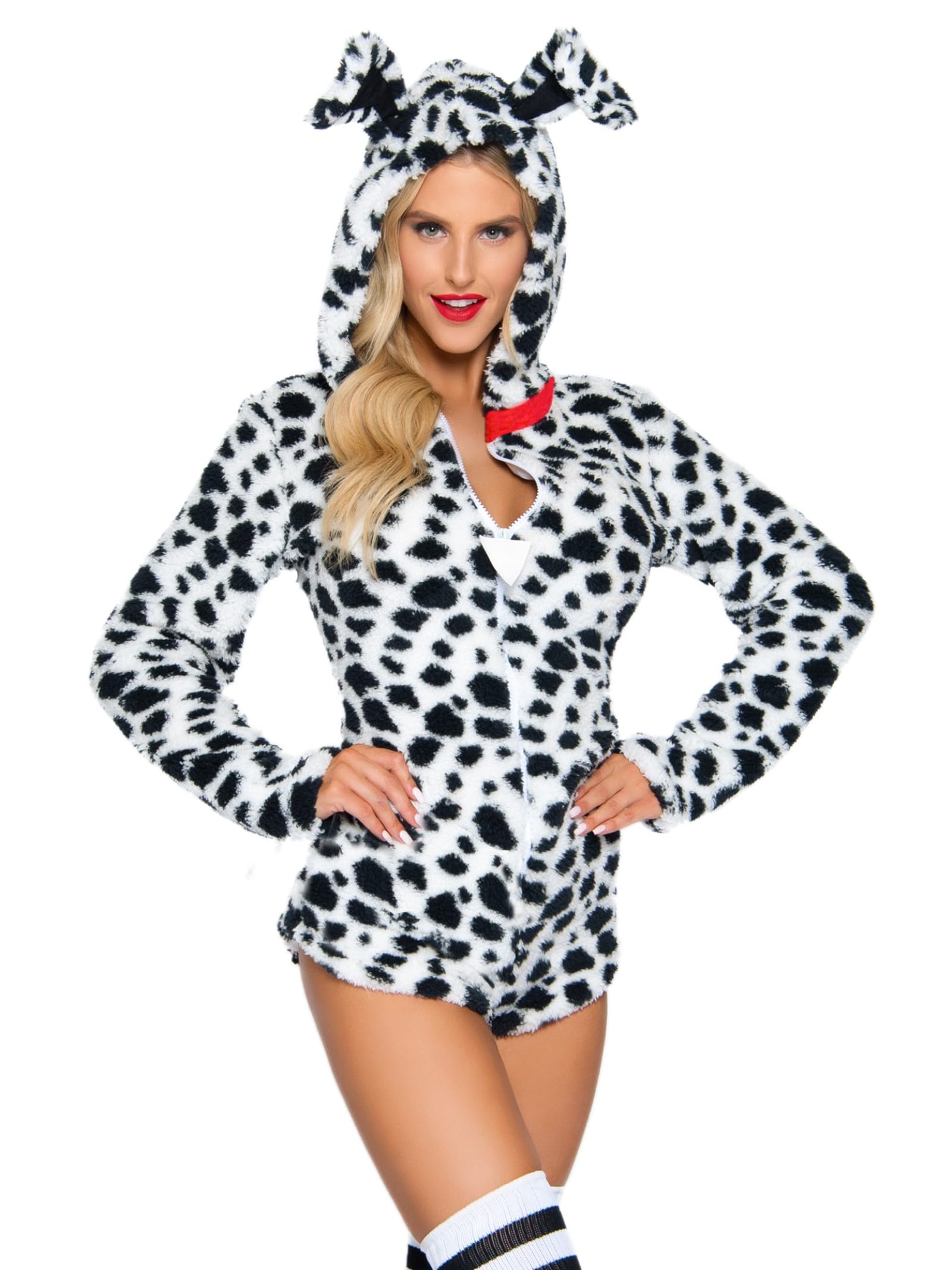 Darling Dalmatian, Features Ultra Soft Plush Zip Up Bodysuit With Collar Accent, Ear Bood, And Attached Tail.