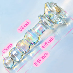Glass Anal Beads Colorful Butt Plug Prostate Massager with Long Neck, Rose Round Base and 4 Gradual Beads Anal Dilator Fetish Bu