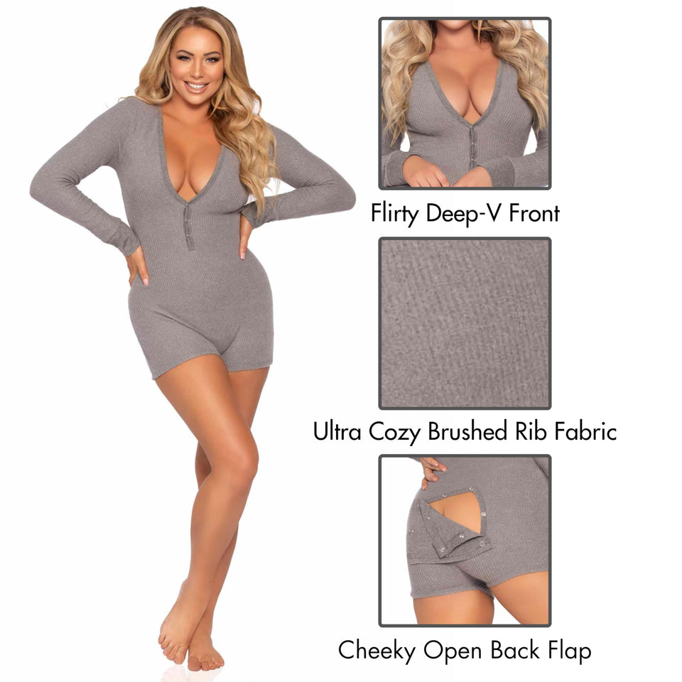 Brushed Rib Romper Long Johns - Sml/Med / Grey