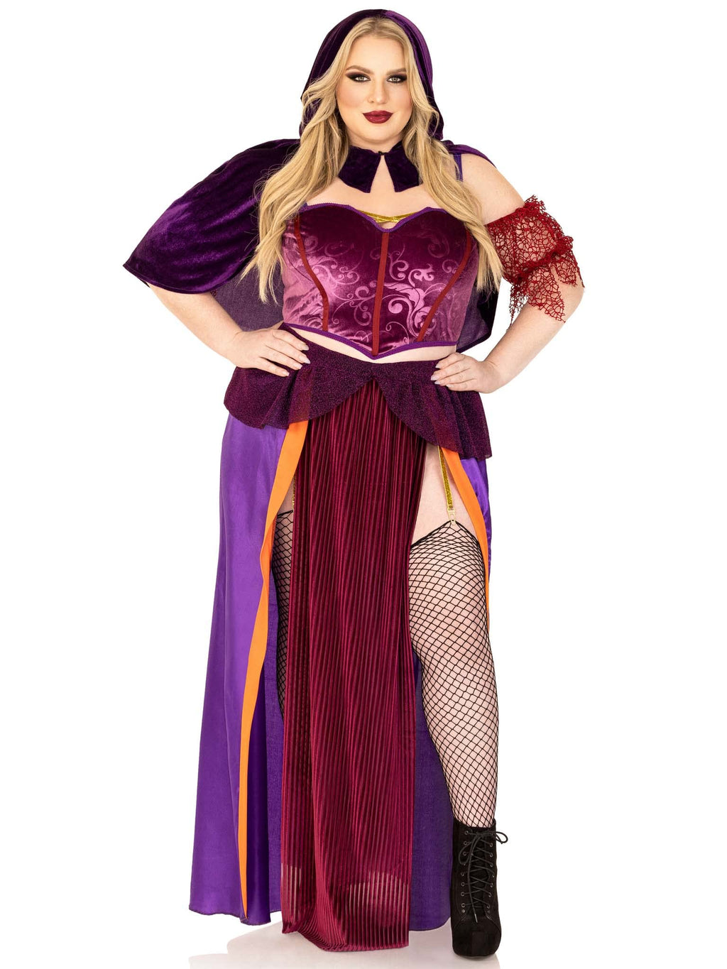 3 Pc Black Magic Babe, Includes Velvet Crop Top With Net Sleeves, Dual Slit Long Skirt With Glitter Elastic Garter, And Collared