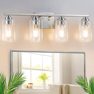 4-Light Bathroom Light Fixtures, 27'' Modern Vanity Lights Over Mirror With Clear Glass Shades, Brushed Nickel Wall Sconce, Clas
