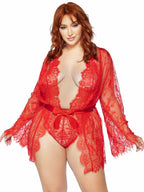 3 PC Floral lace teddy with adjustable straps and cheeky thong back, matching lace robe with scalloped trim, and satin tie.