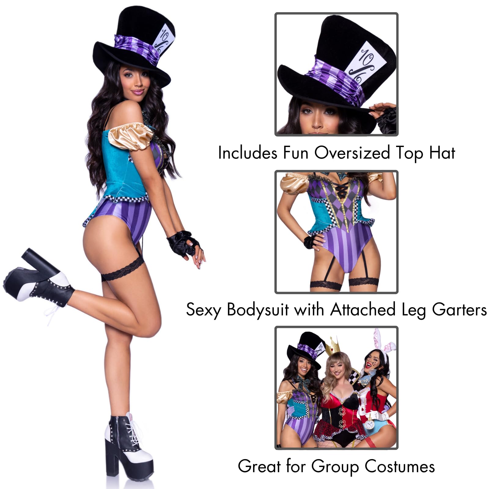 3 Pc Mischievous Mad Hatter, Includes Garter Bodysuit With Strappy Deep-V And Puff Sleeves, Bow Collar, And Mad Hatter Hat.