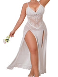 Alrovetoney Plus Size Lingerie For Curvy Women Babydoll Sexy Mesh Maxi Nightdress Strappy Exotic Sleepwear Side Slits White 2XL