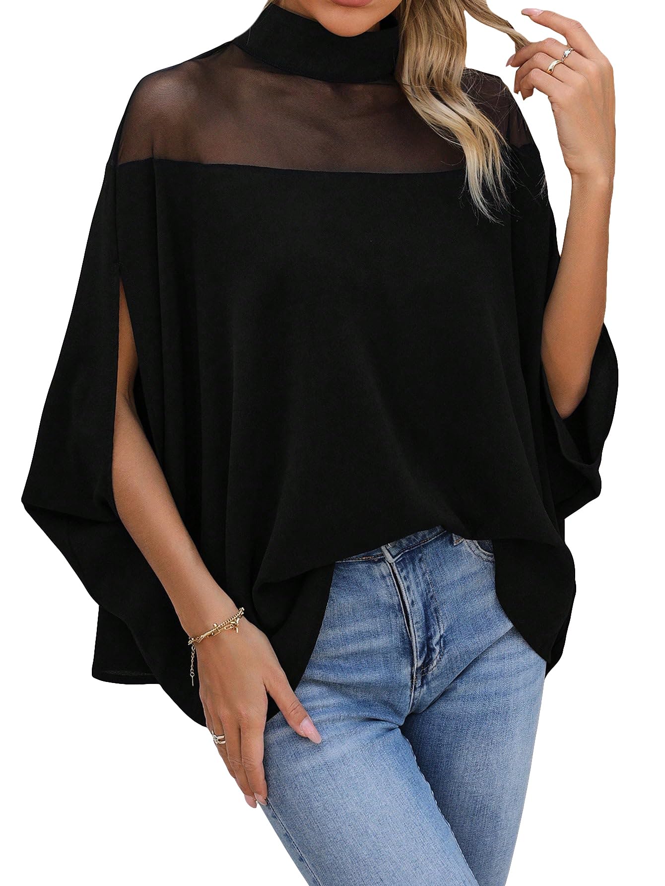 Verdusa Womens Contrast Mesh Half Cape Sleeve Blouse Loose Fit Dressy Tops Business Casual Outfits Black Small