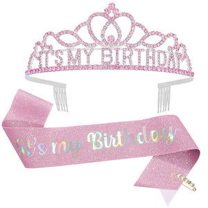 ZHBDPaty 'it's my Birthday' Birthday Girl Sash with Pearl Pin Party Favors For Girl Women (Crown+Sash,RosePink)