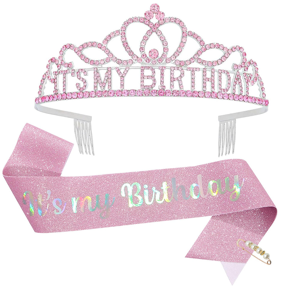 ZHBDPaty 'it's my Birthday' Birthday Girl Sash with Pearl Pin Party Favors For Girl Women (Crown+Sash,RosePink)