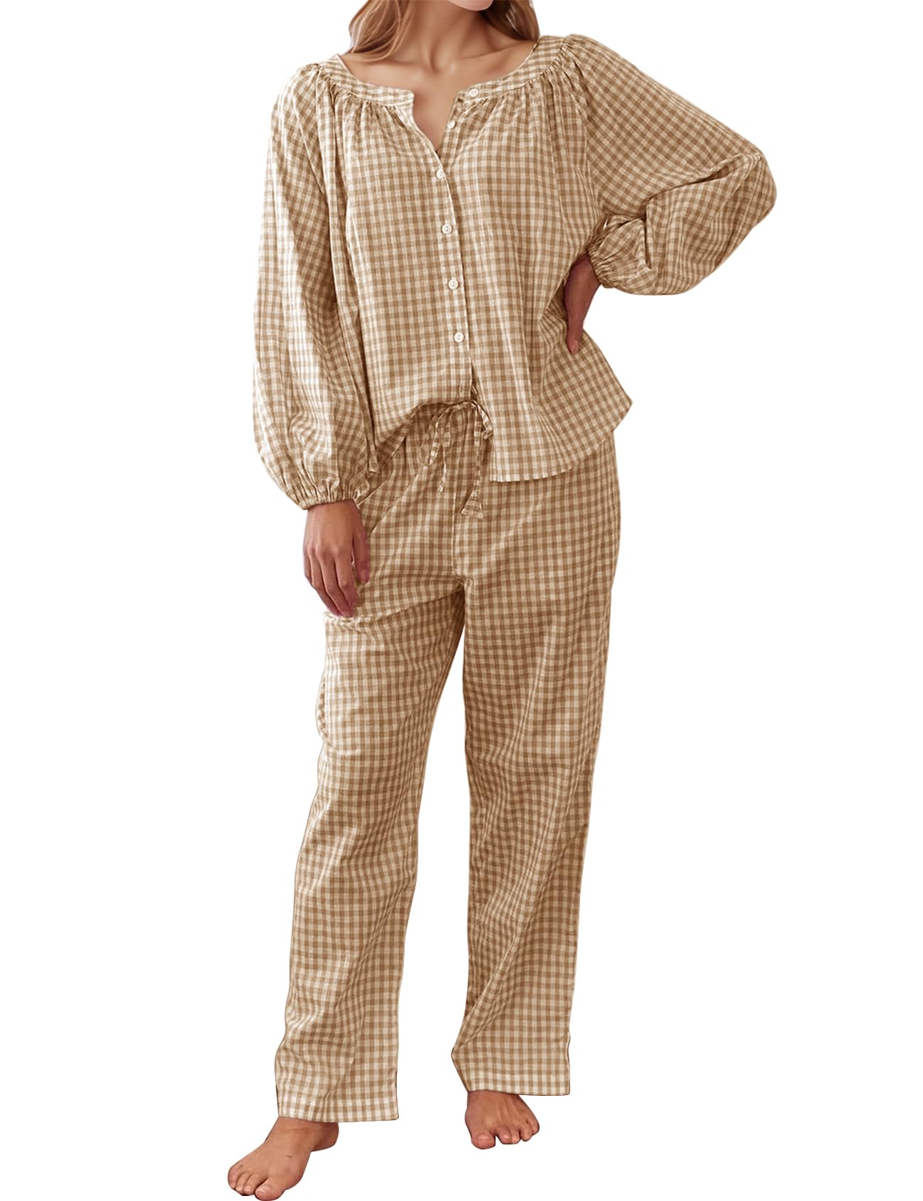 Flygo Womens Gingham Pajama Set 2 Piece Cotton Plaid Raglan Sleeve Button Top Straight Leg Pants Pjs Y2K Lounge Set Sleepwear(Br
