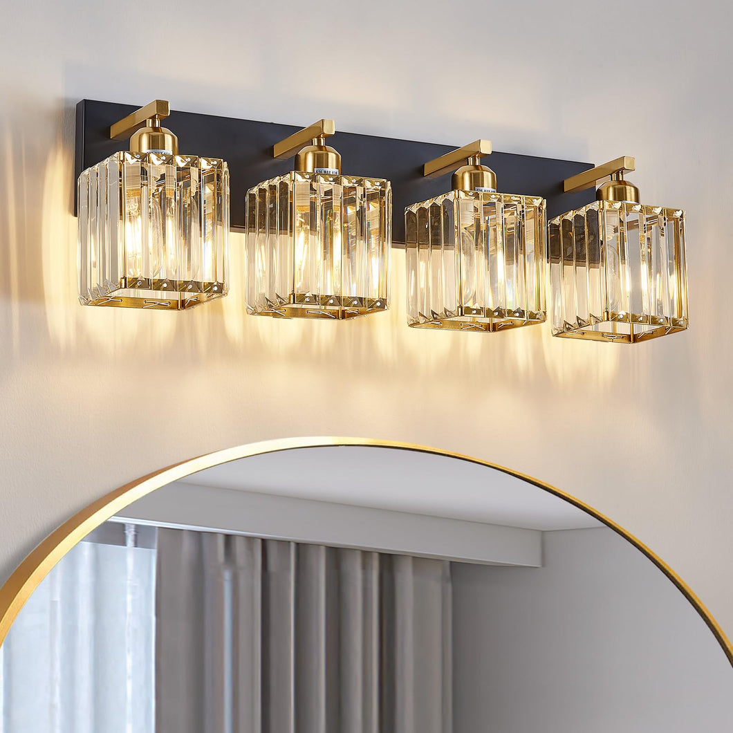 Aixialin Modern Crystal Bathroom Vanity Light - 4-Lights Black Gold Crystal Wall Light Fixtures