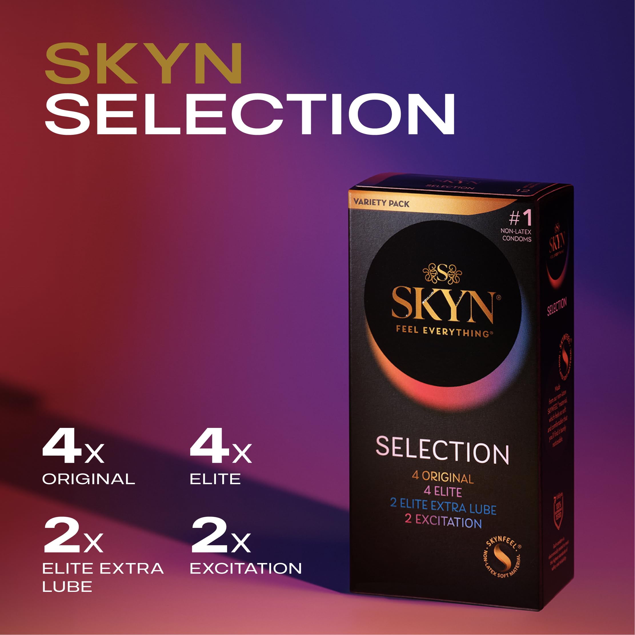 SKYN Selection Non-Latex Condoms, 12 Count, New Variety, SKYN Original, Excitation, Elite and Elite Extra Lube